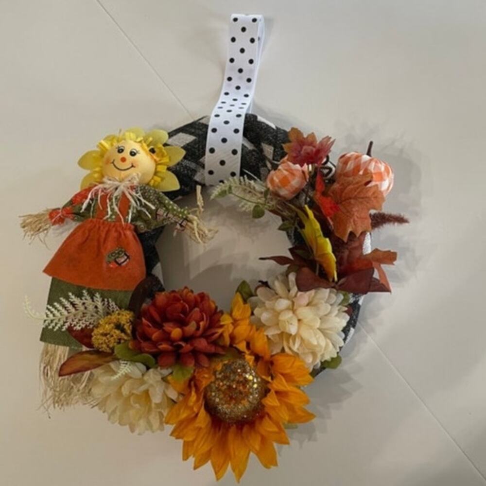 Handmade Buffalo Check Scarecrow Fall Wreath Sunflower Burlap